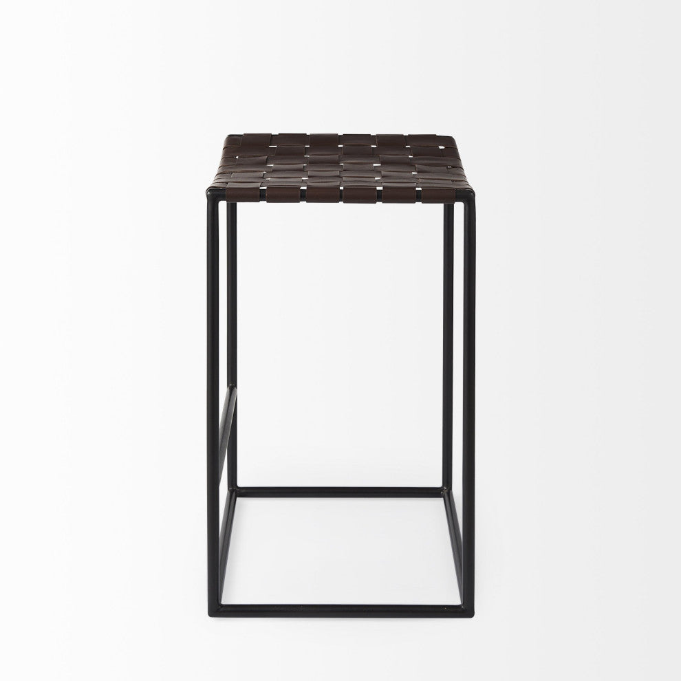 Dark Brown Woven Leather Counter Stool