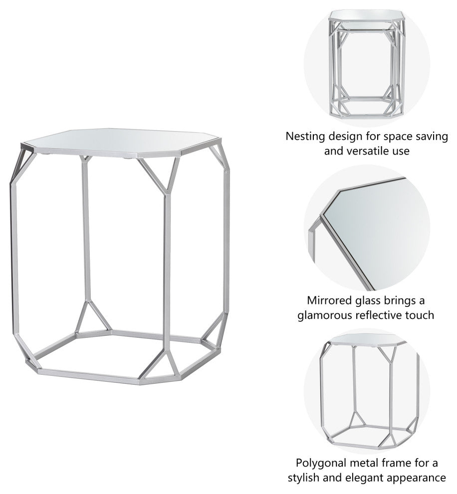 Metal WithGlass Accent Table, Set of 2, Silver