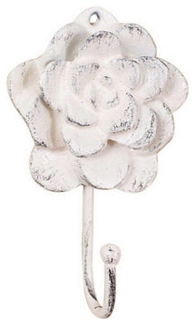 Whitewashed Cast Iron Decorative Rose Hook 7"
