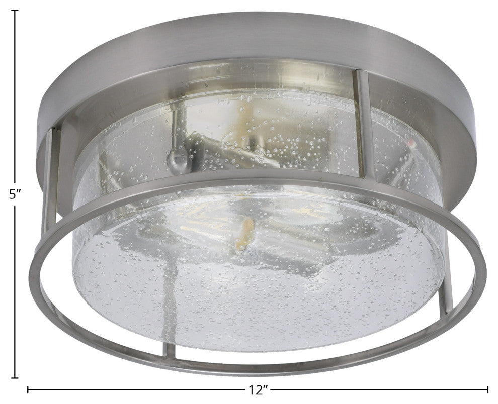 12" 2-Light Flush Mount Light, Brushed Nickel, Clear Bubble Glass