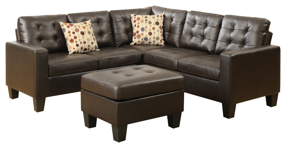 Benzara BM168742 Bonded Leather 4 Pieces Sectional With Cocktail Ottoman Brown