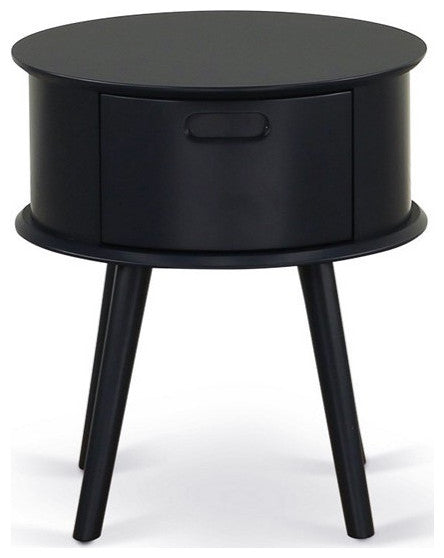Gordon Round Night Stand End Table With Drawer, Black Finish