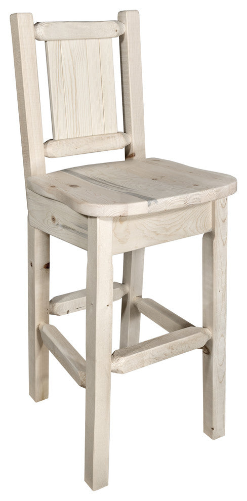 Homestead Barstool With Back, With Laser Engraved Wolf, Clear Lacquer Finish, La