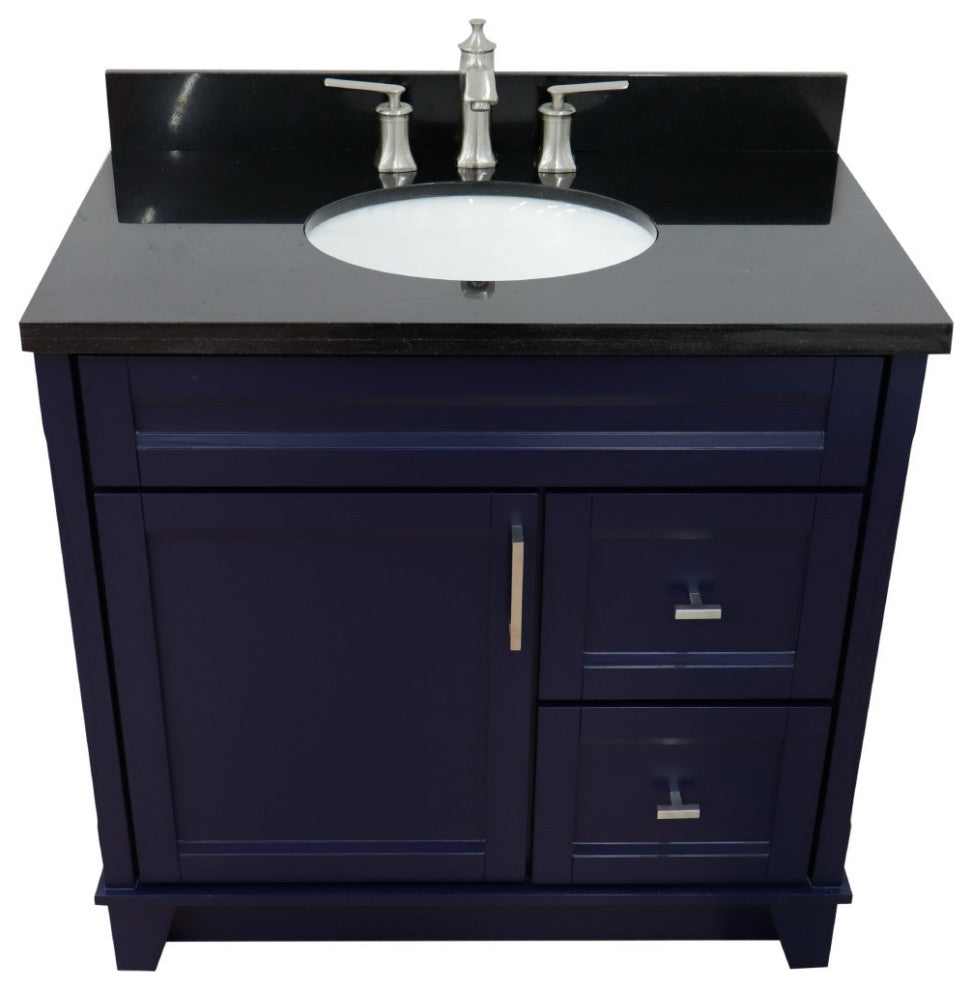 37" Single Sink Vanity, Blue Finish With Black Galaxy Granite