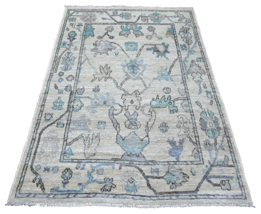Beige Afghan Angora Oushak All Over Design Hand Knotted Pure Wool Rug 4'1"x5'10"