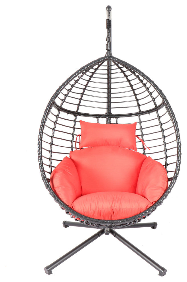Outdoor Rattan Swing Chair Hanging Egg Chair With Cushion, Red