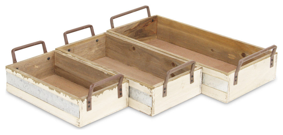 Rectangular Wood and Metal Storage Crates, Set of 3