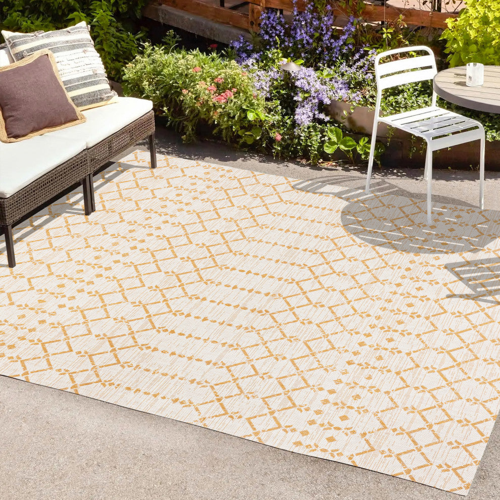 Ourika Moroccan Geometric Indoor/Outdoor Rug, Cream/Yellow, 8x10