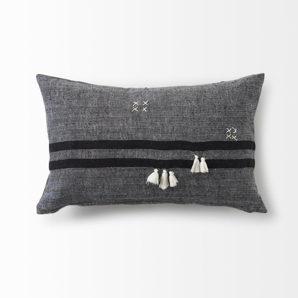 Sibyl 13"Lx21"W Black Fabric Striped/White Fringed Decorative Pillow Cover
