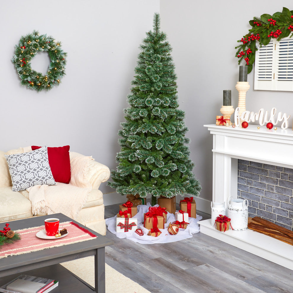 7' Wisconsin Slim Snow Tip Pine Faux Christmas Tree With 400 Clear LED Lights