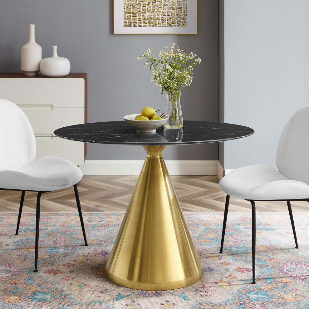 Dining Table, Oval, Artificial Marble, Metal, Gold Black, Cafe Bistro Restaurant
