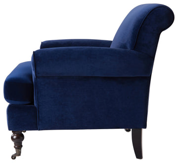 Alana 38" Lawson Accent Arm Chair, Metal Casters, Navy Blue Velvet