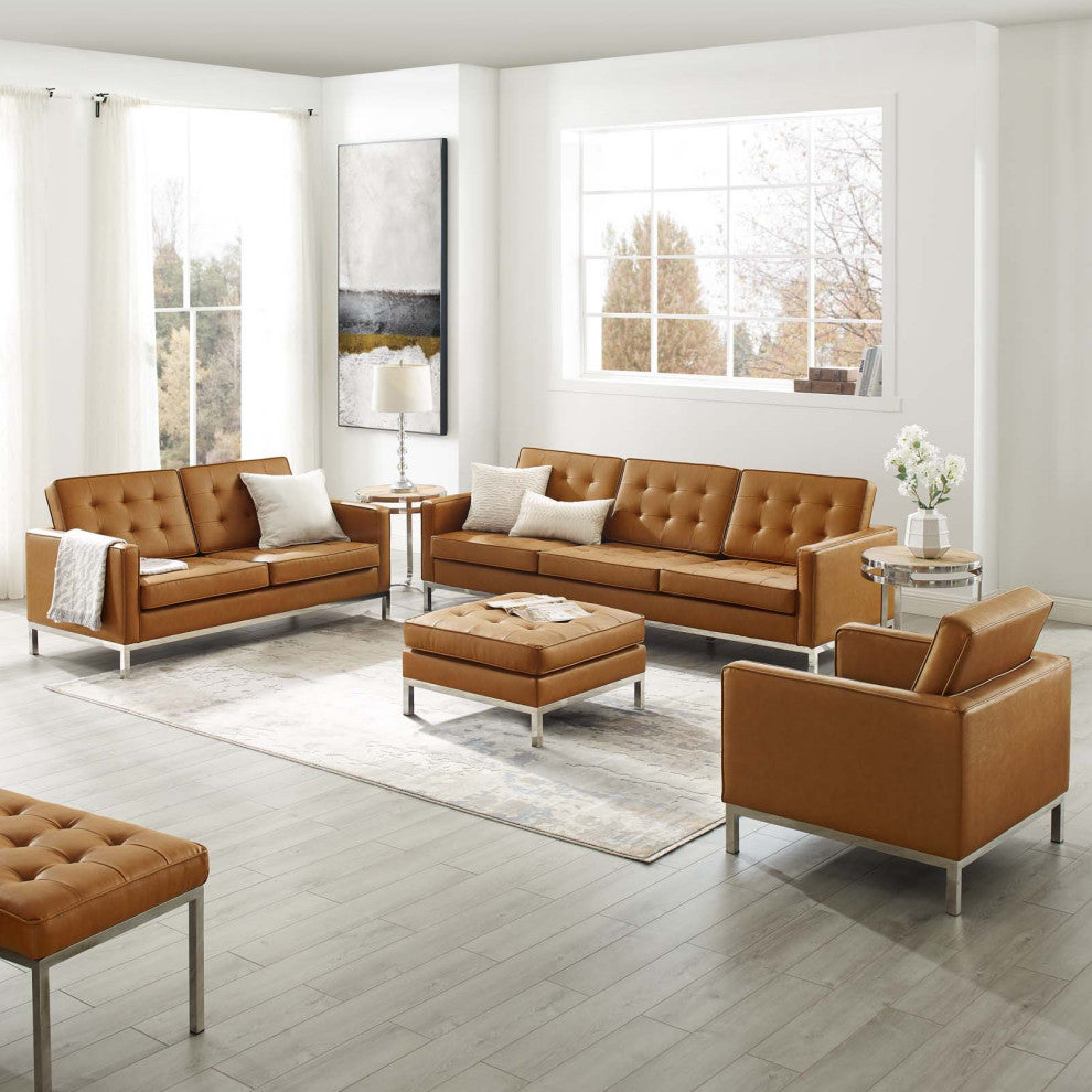Loft Tufted Upholstered Faux Leather 3 Piece Set Silver Tan