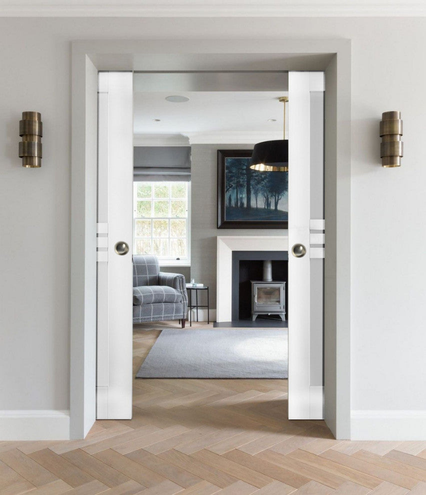 Slab Door Panel Opaque Glass 4 Lites / Mela 7222 White Silk / Finished Doors, 32" X 84"