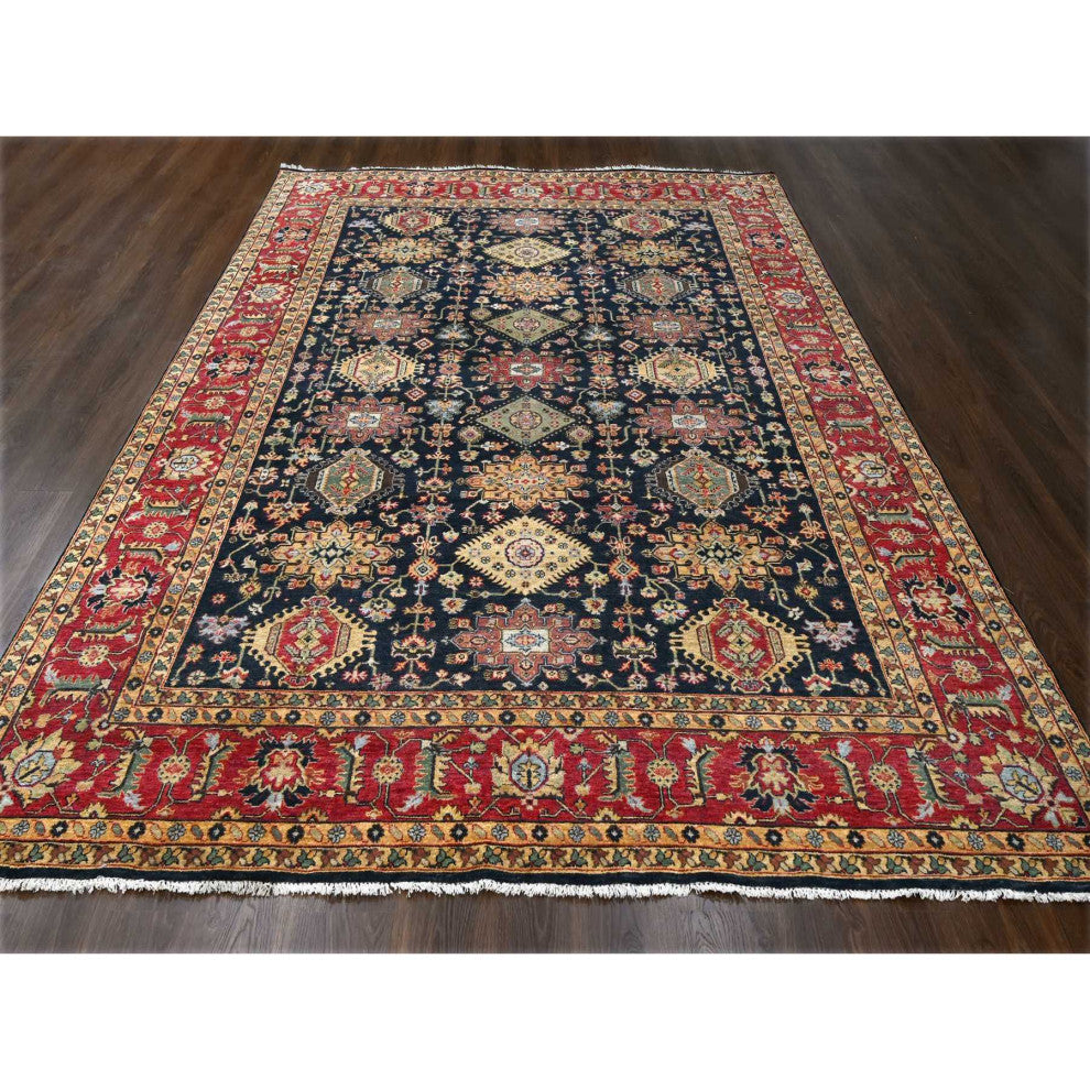 Carbon Black Wool Karajeh With All Over Pattern Hand Knotted Rug, 9'x11'11"
