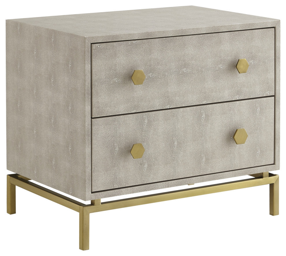 Nicole Miller Aharon Side Table, 2 Drawers, Faux Shagreen, Cream White/Gold