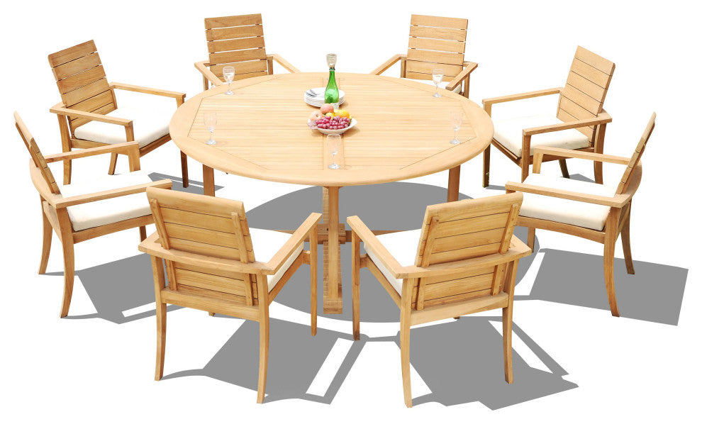 9-Piece Outdoor Teak Dining Set: 72" Round Table, 8 Alps Stacking Arm Chairs