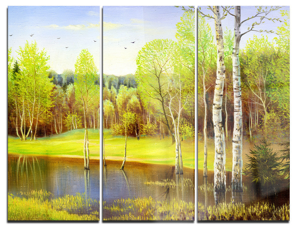 "Light Green Autumn" Glossy Metal Wall Art, 3 Panels, 36"x28"