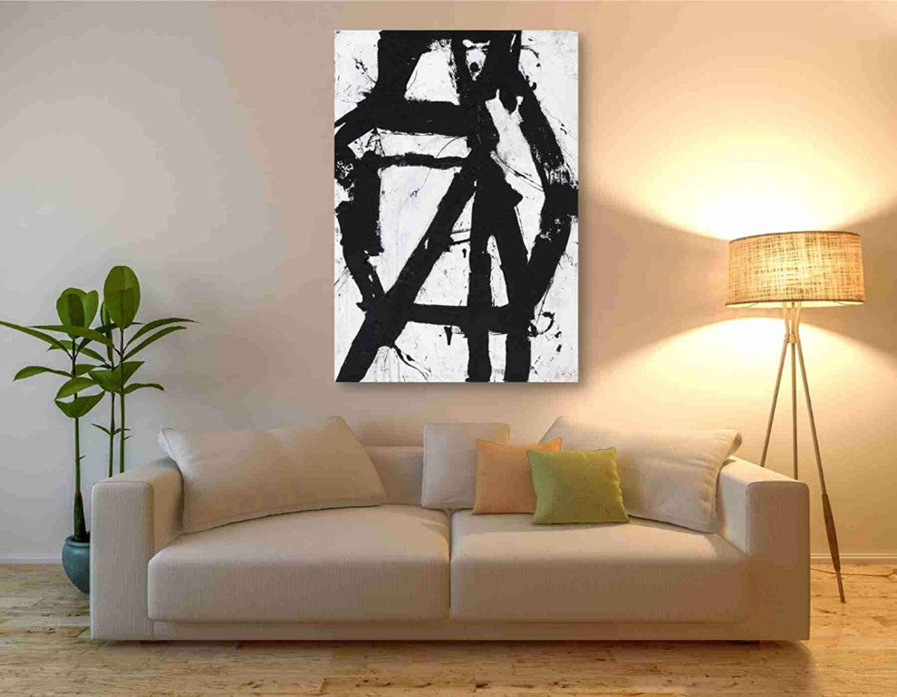 Vertical Abstract Canvas Art in Black & White, Stretched and Gallery-Ready
