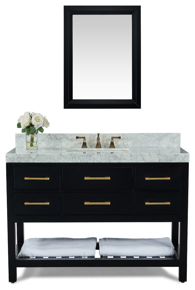 Elizabeth Bath Vanity, Black Onyx, 48", Gold Hardware, With Mirror