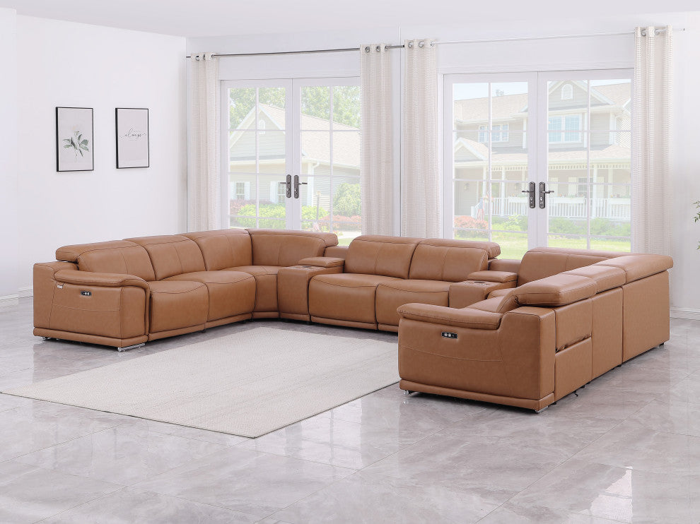 Federico10-Piece Top Grain Italian Leather Sectional-4 Power Recliners, Cognac