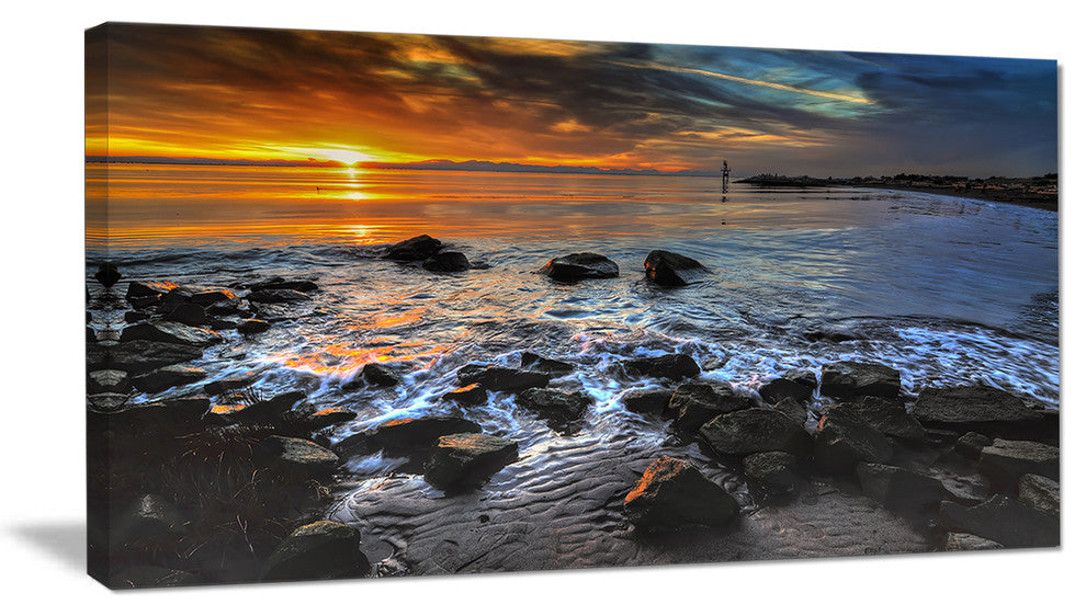 Sunset over Rocky Ocean Shore, Large Landscape Canvas Art Print, 32"x16"
