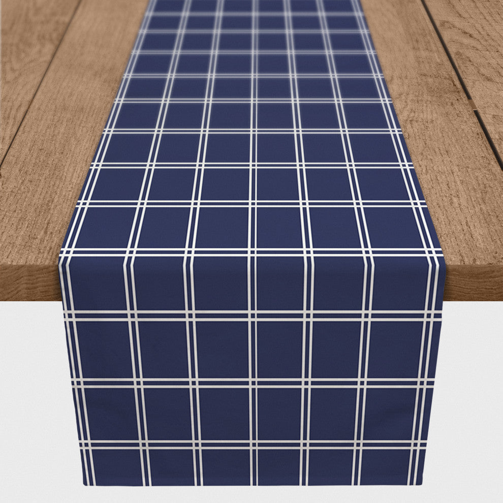 Navy and White Grid 16x90 Poly Twill Table Runner