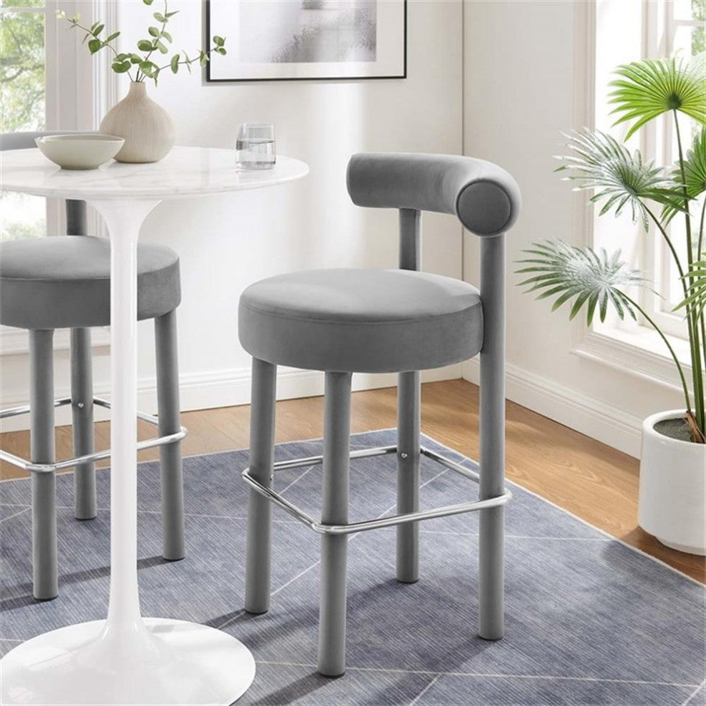 Modway Toulouse 30" Upholstered Velvet Fabric Bar Stool in Gray/Silver
