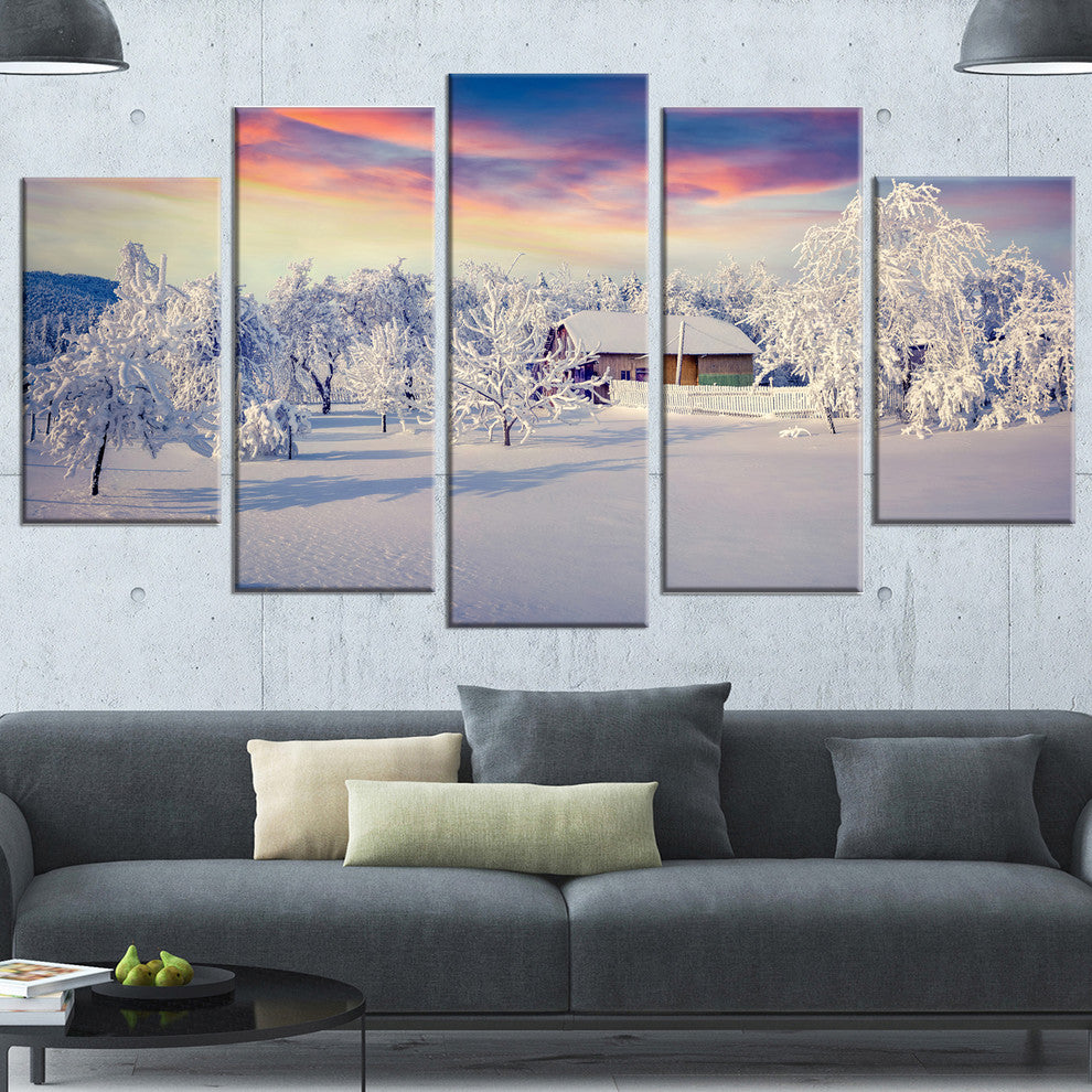 Snowfall Covering Trees and Houses, Landscape Canvas Print, 60"x32", 5 Panels