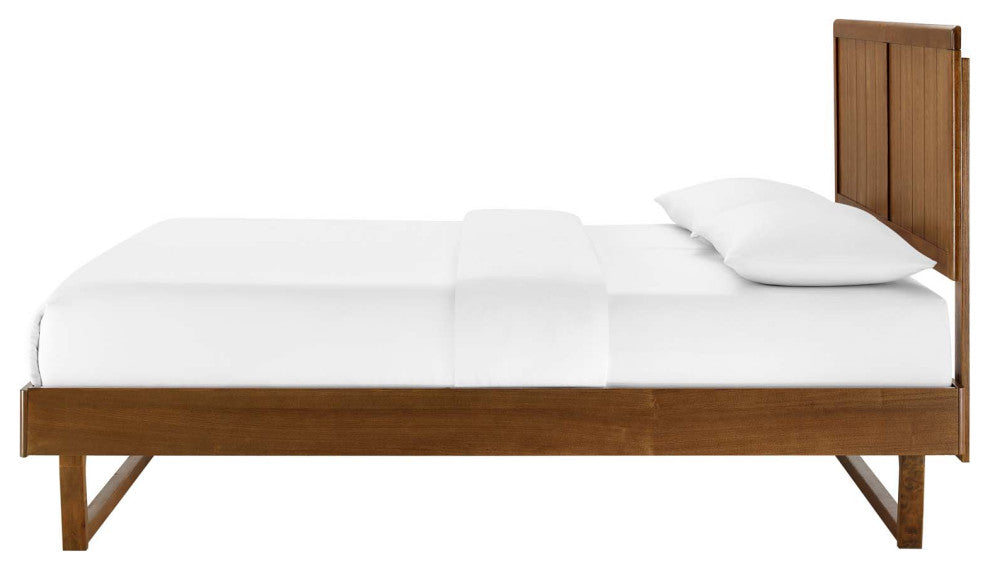 Platform Bed Frame, King Size, Wood, Brown Walnut, Modern Mid-Century, Bedroom