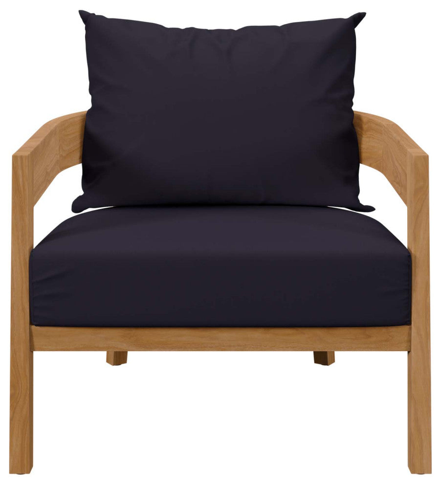 Sectional Sofa Chair Table Set, Blue Navy Natural, Teak Wood, Outdoor Patio