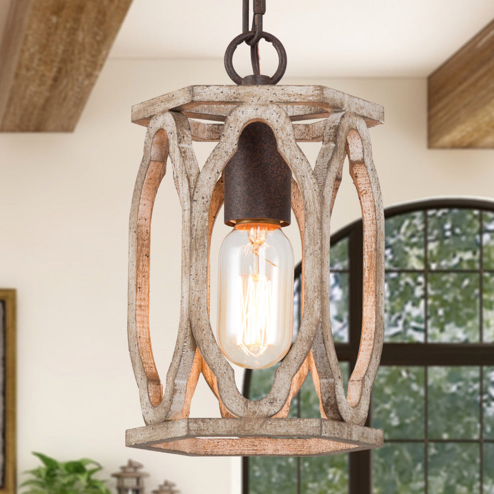 LNC Farmhouse 1-Light Distressed wood and rusty bronze Cylinder Mini Chandelier