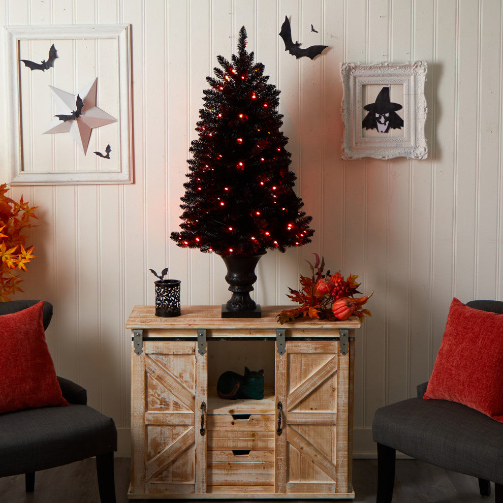 4' Black Halloween Artificial Christmas Tree, Urn With 100 Orange LED Lights