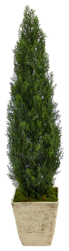 51" Cedar Artificial Tree, Country White Planter, Indoor/Outdoor