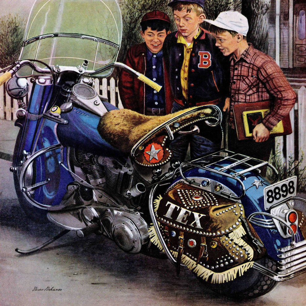 "Tex's Motorcycle" Painting Print on Canvas by Stevan Dohanos