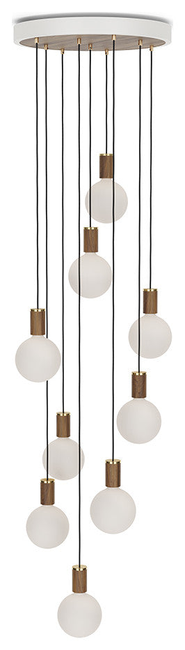 Large Canopy White & Walnut, Brass Grip With 9 Walnut Pendants & 9 Sphere IV