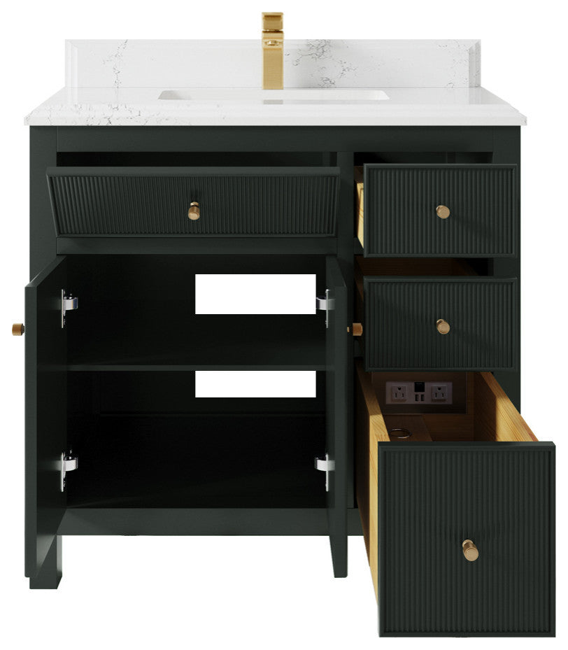 Sonoma 36 Center Sink Reeded Bath Vanity in Dark Forest Green 1.5" Empira Quartz