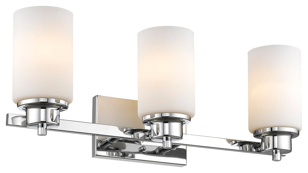 SCARLETT Contemporary 3 Light Chrome Finish Bath Vanity Light Etched White Glass