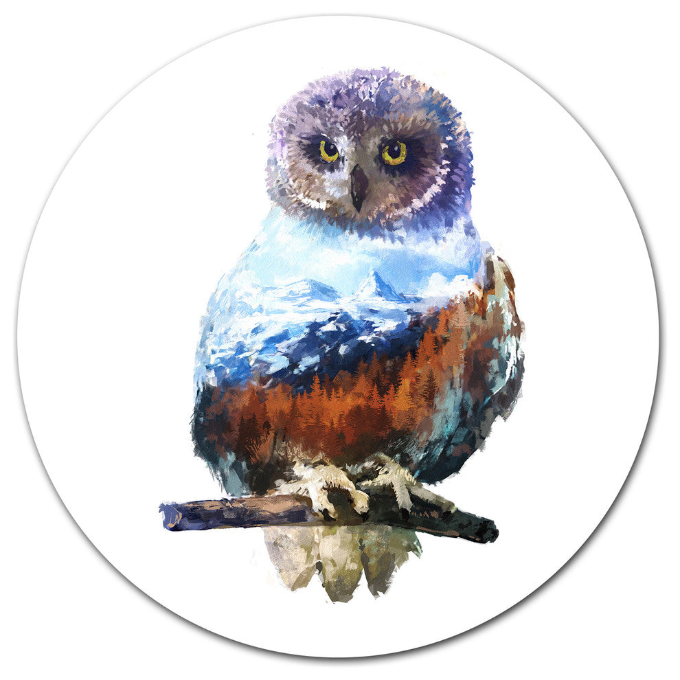 Owl Double Exposure Illustration, Animal Round Wall Art, 11"
