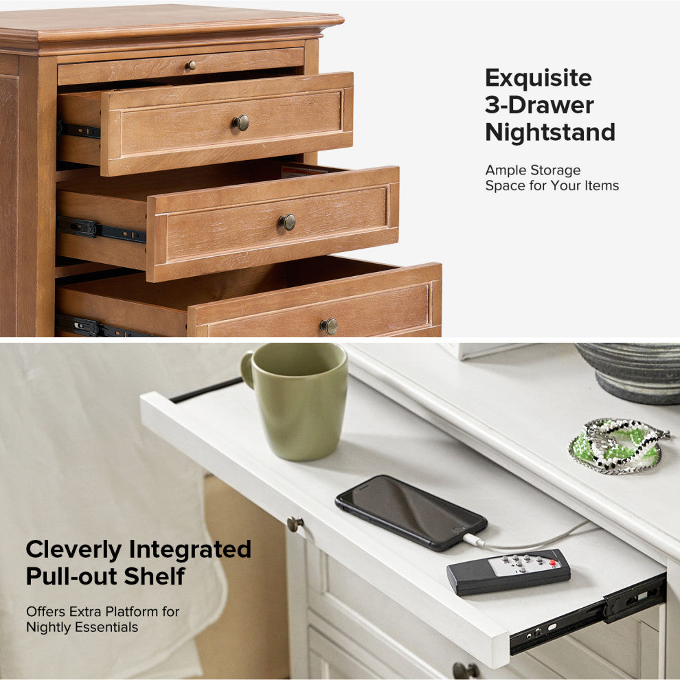 3-Drawer Nightstand With  Built-In Outlets Set of 2, Acorn