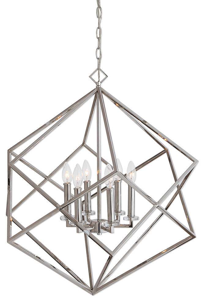 Mid Century Modern Interlocking Cubes Silver Pendant, 6 Light Chandelier Open
