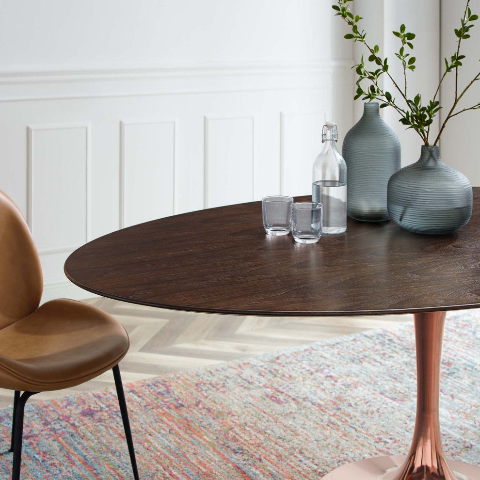 Dining Table, Oval, Wood, Rose Gold Dark Brown Brown Walnut, Modern, Cafe Bistro
