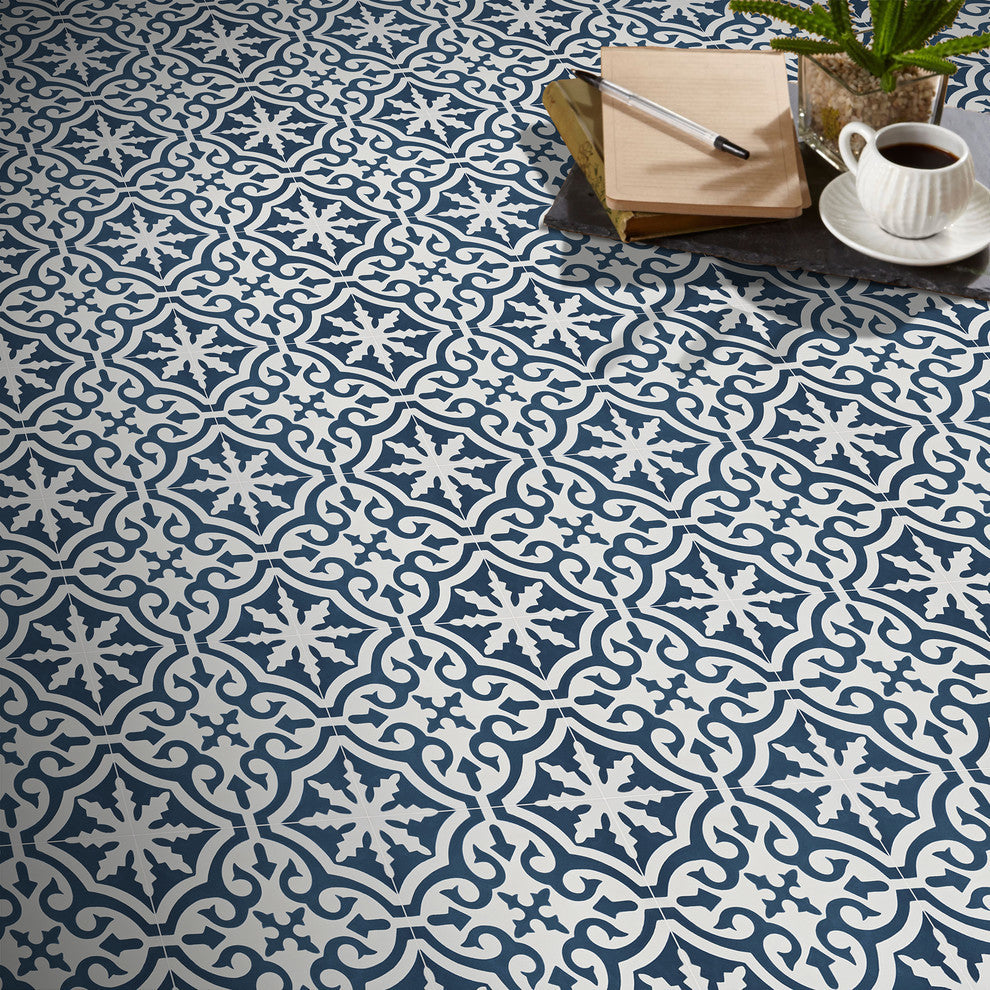 Ahfir Handmade Cement Tile, Navy Blue/White, Sample