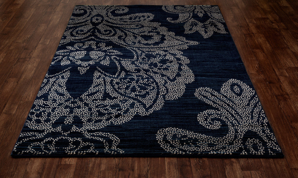 Bastille Large Damask Blue 5'3" Round Area Rug