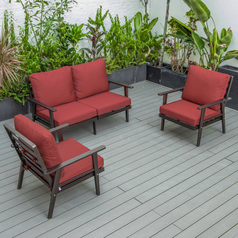 LeisureMod Walbrooke 3-Piece Patio Set With Brown Aluminum Frame and Cushions, Red