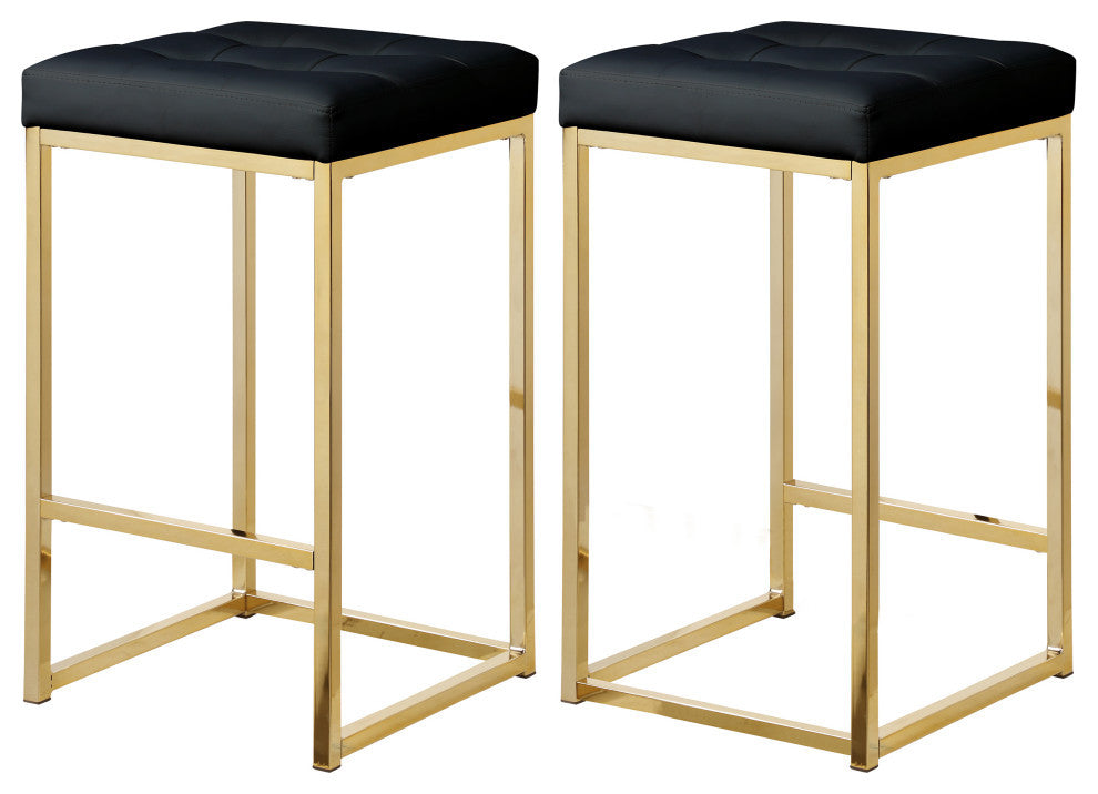 Nicola Counter Stool, Set of 2, Black, Vegan Leather, Gold Base
