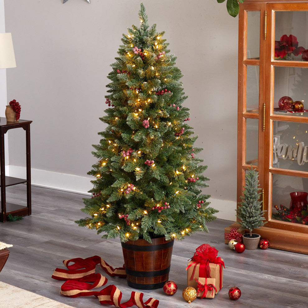 5' Frosted Colorado Aspen Faux Xmas Tree W/Lights, Bendable Branches & Berries