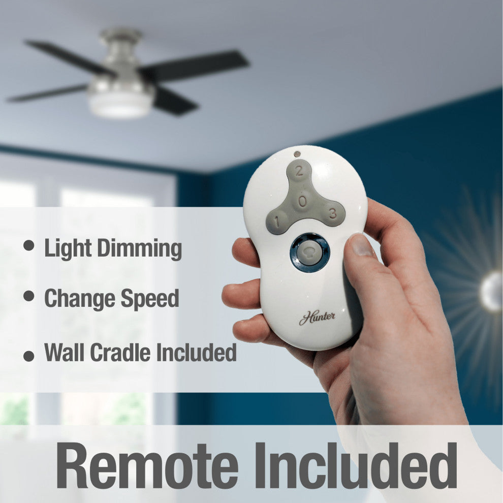 Hunter Fan Company  44" Dempsey Low Profile  Ceiling Fan With Light + Remote, Brushed Nickel