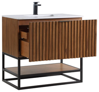 Terra Bathroom Vanity, Walnut/Matte Black With White Quartz, 36", White Quartz Top