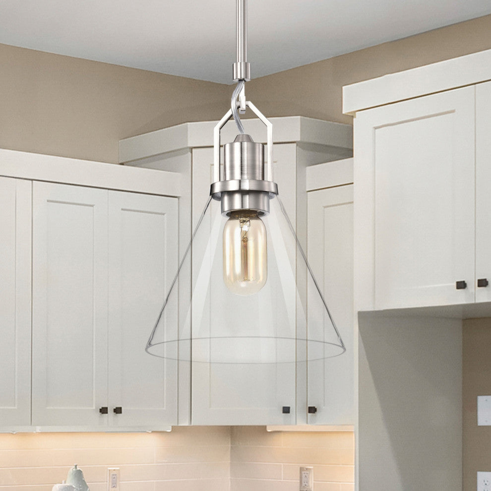 1-Light Brushed Nickel Mini Pendant With Clear Cone Glass Shade